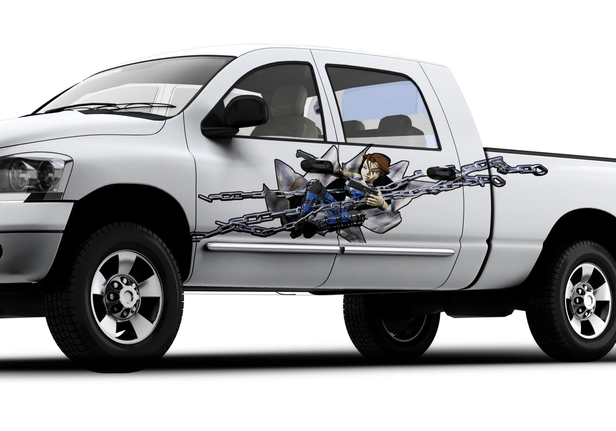 chain gun girl decal on the side of white truck